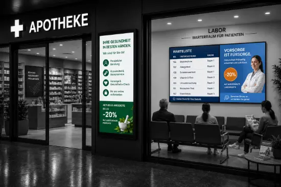 Digital Signage in der Apotheke mit Displays für Angebote, Gesundheitsinformationen und Patientenkommunikation