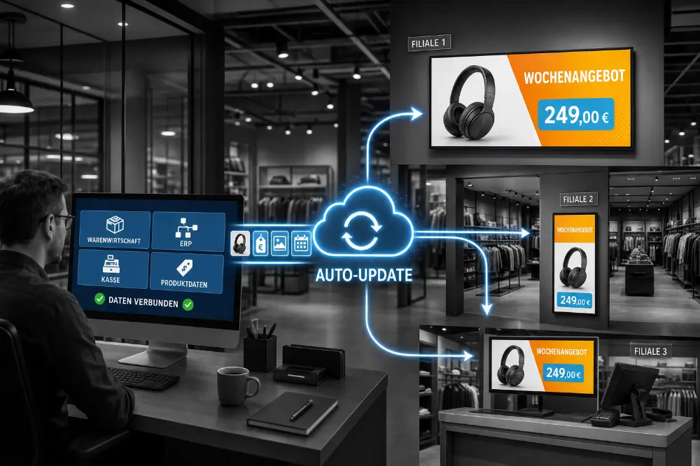 Digital Signage im Handel mit automatischer Aktualisierung von Produktdaten und Preisen