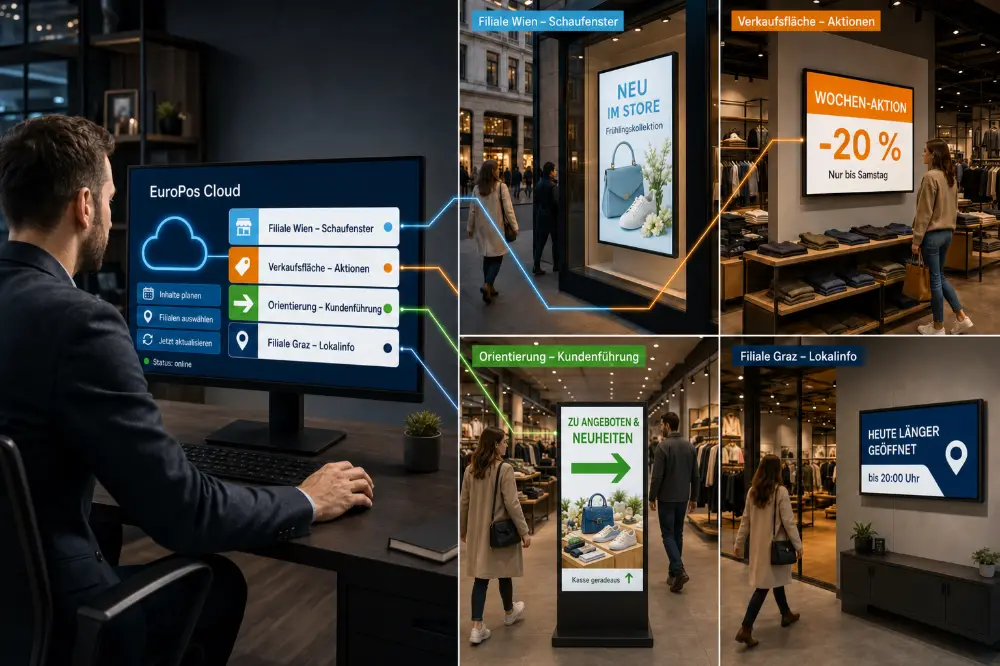 Digital Signage im Handel mit zentraler Steuerung von Filialen, Schaufenstern und lokalen Inhalten