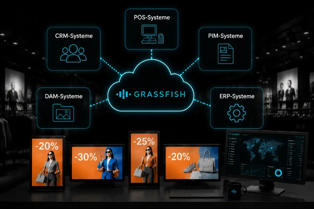 Grassfish Integration mit POS, CRM, PIM, DAM und ERP-Systemen für vernetzte Digital Signage Lösungen