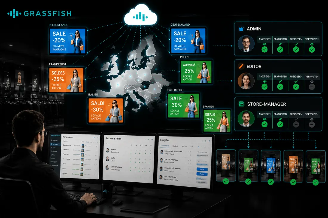 Grassfish Digital Signage Software zur zentralen Steuerung von Displays, Kampagnen, Standorten und Benutzerrechten