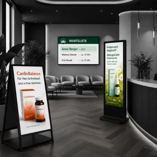 Einsatzbereiche von Digital Signage im Gesundheitswesen mit Displays für Wartezimmer, Apotheken und Patienteninformation