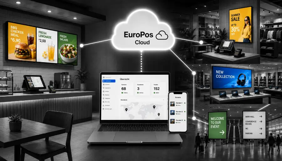 Grafische Darstellung der EuroPos Cloud mit zentraler Steuerung von Digital Signage Displays und Standorten