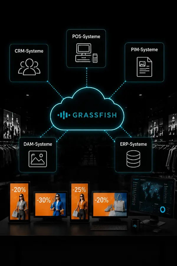 Grassfish Integration mit POS, CRM, PIM, DAM und ERP-Systemen für vernetzte Digital Signage Lösungen